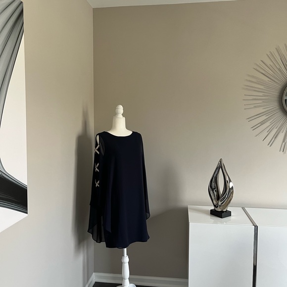 NWT Xscape Navy Blue Sheer Cape Rhinestone Cut-out Cocktail Gown Dress - Picture 7 of 13